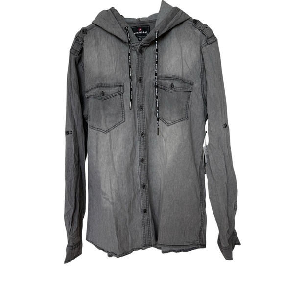 NWT! Airwalk Men's XL Black Wash Hooded Denim Shirt Long Sleeve Casual ButtonUp - Picture 2 of 7